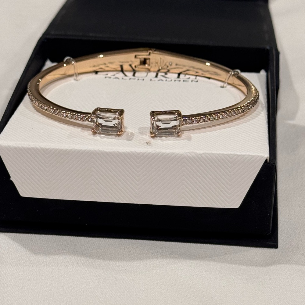 Ralph Lauren Gold-Tone Hinged Pavé Crystal Bangle Bracelet W/Emerald-Cut Stone
